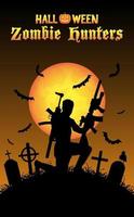 halloween zombiejägare med kulspruta på kyrkogården vektor