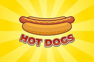 Cartoon Fast-Food-Mahlzeit Hot Dog mit Inschrift Restaurant Werbeplakat Design-Vorlage. Hotdog-Wurst im Brot mit Senfflachvektor-Promoillustration auf gelben Strahlen vektor