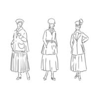 antik gekleidete Dame. alte Mode Vektor-Illustration. viktorianische Frau in historischer Kleidung. Vintage stilisierte Zeichnung, Retro-Holzschnitt-Stil. Retro-Kleid, Vektorskizze auf weißem Hintergrund vektor