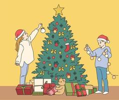 süße Kinder schmücken den Weihnachtsbaum. Hand gezeichnete Art Vektor-Design-Illustrationen. vektor