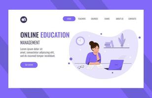 online Bildung Landung Seite mit minimalistisch Illustration von ein Frau studieren im Vorderseite von ein Laptop. freiberuflich oder Lernen Konzept. vektor