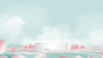 3d Weiß Podium Schritt mit Rosa Rose schwebend auf Wasser mit Wolke auf Blau Himmel Hintergrund, Vektor Banner Studio Zimmer Anzeige mit Zylinder Stand schwebend mit Blütenblatt Blume zum kosmetisch und Spa Produkt