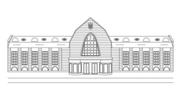 linear Zeichnung von ein administrative Gebäude - - Stadt Saal, Eisenbahn Bahnhof, Stadt Verwaltung, Hotel, Bank, Polizei, Flughafen, Post Büro, Regierung. vektor