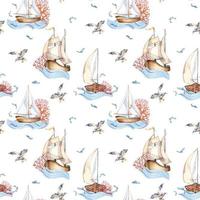 nahtlos Muster von Segeln Schiff Jahrgang Stil Aquarell Illustration isoliert auf Weiß. Segelboot, Schiff auf Wellen, Koralle, Fisch Hand gezeichnet. kindisch Design Element, Hintergrund, gedruckt Produkte vektor