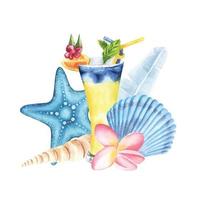 tropisch alkoholisch Cocktail Illustration Komposition mit Star Fisch Banane Blätter und Plumeria Blume. Aquarell Hand gezeichnet vektor