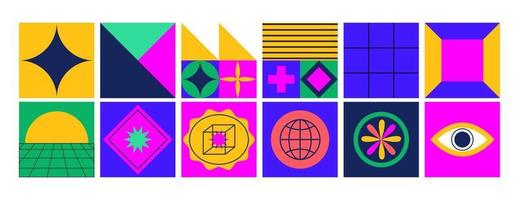 retro abstrakt geometrisk former, plåster, märken. klistermärke packa. trendig grafisk trogen element. y2k, 70-talet, 80-tal, 90s årgång estetisk. vektor