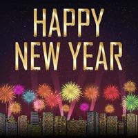 Frohes neues Jahr mit Feuerwerk auf Stadthintergrund vektor