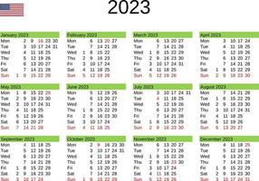 år 2023 kalender i engelsk med förenad stater högtider vektor