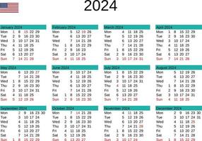 Jahr 2024 Kalender im Englisch mit vereinigt Zustände Ferien vektor