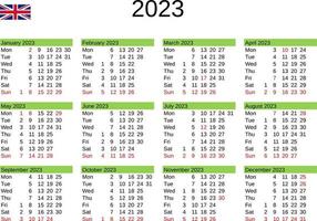 år 2023 kalender i engelsk med förenad rike högtider vektor