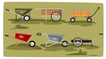 Vektor Illustration von Garten van auf Grün Gras Hintergrund. Bauernhof Wagen Satz. Vektor Illustration einstellen Symbol Ausrüstung von Garten Wagen.