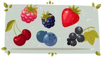 einstellen von Vektor Beeren im Karikatur Stil. Himbeeren, Blaubeeren, Brombeeren, Johannisbeeren, Erdbeeren. frisch Sommer- Ernte. Zutaten zum Beere Teller.