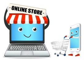 Laptop-Online-Shop mit Smartphone und Warenkorb vektor