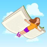 Mädchen fliegt zwischen Wolken ihre Flügel sind ein Buch