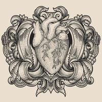 Illustration Vektor Antiquität Herz mit Jahrgang Gravur Ornament im zurück perfekt zum Ihre Fan-Shop und t Hemd