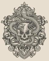 Vektor Illustration. Dämon Schädel mit Schlange Jahrgang Gravur Ornament Stil perfekt zum Ihre Geschäft und t Hemd Fan-Shop