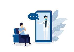 Smartphone Bildschirm mit ein Arzt. online medizinisch Dienstleistungen, haben Beratung und Empfang Digital Verschreibung. Telemedizin und Gesundheitswesen Konzept. Vektor Illustration.