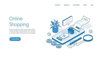 landning sida mall uppkopplad handla betalning räkningen. smartphone, papper mottagande räkningen. isometrisk vektor. vektor