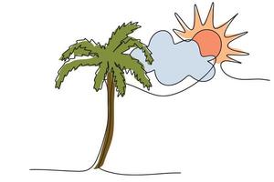 Zeichnung Palme Bäume Wolken und das Sonne im einer kontinuierlich Linie. ein Konzept zum Mauer Dekoration, Poster Drucken und Reise durch Ferien Reise Unternehmen. vektor