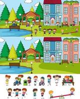 Satz verschiedene horizontale Szenen Hintergrund mit Gekritzel Kinder Zeichentrickfigur vektor
