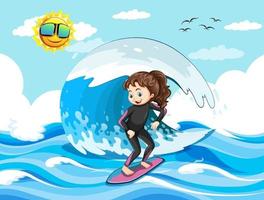 stor våg i havsscenen med flicka som står på en surfbräda vektor