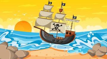 Strandszene zur Sonnenuntergangszeit mit Piratenschiff im Karikaturstil vektor