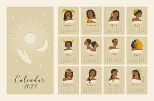 Kalender mit astrologisch zeitgenössisch Zeichen Karikatur Illustrationen. Horoskop Frauen Symbole Persönlichkeiten. Charakter einstellen zum Werbung, Animation, Drucken vektor