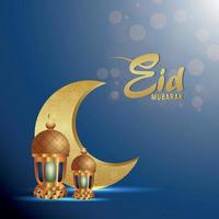 eid mubarak goldener Texteffekt mit arabischer Laterne und goldenem Mond vektor