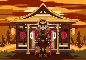 tecknad serie japansk samuraj krigare utanför gammal tempel historia illustration vektor
