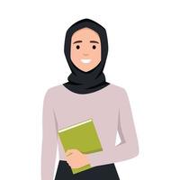 en skön muslim kvinna bär en hijab innehav en bok. vektor