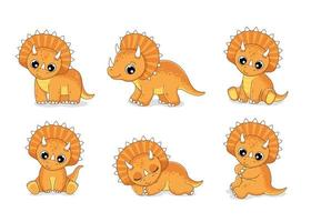 Clip Art einstellen von süß Baby Dinosaurier.Triceraptor im verschiedene Posen. Vektor Illustration im Karikatur Stil.