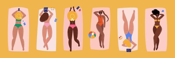 vielfältig Frauen Sonnenbaden beim Strand Vektor Illustration