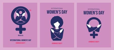 en uppsättning av banderoller, vykort, klistermärken i delikat lila färger för internationell kvinnors dag. dag av kramar, jämlikhet och rättvisa. kön jämlikhet. kvinnor och deras rättigheter. vektor