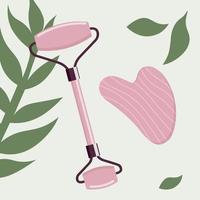 gua sha och jade vält för ansikte massage. hud vård rosa verktyg för kvinnor. vektor platt illustration