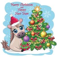 söt häst, ponny i jultomten hatt med godis kane, jul boll, gåva, is skridskoåkning. vinter- är kommande vektor