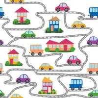 bilar, bussar, tåg, hus och vägar, stad sömlös barnslig mönster vektor