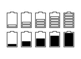 Batterievektorsymbolsatz mit Ladezustandsanzeigen. flache einfache isolierte Symbole vektor