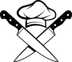 svart och vit illustration av en kockens hatt och knivar vektor