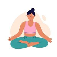 Frauen im Yoga Lotus Pose. weiblich Charakter Praktiken Methoden Ausübungen Meditation und Entspannung. mental Wellness und selbst Pflege. eben Vektor Illustration
