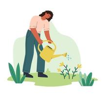 Frau Pflanzen und Bewässerung Blumen im Garten. weiblich Charakter Pflege Über Pflanzen im Park. ökologisch und gesund Lebensstil. Frühling Gartenarbeit. kreativ Netz Seite Vektor Illustration.