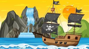 Ozean mit Piratenschiff bei Sonnenuntergangzeitszene im Karikaturstil vektor