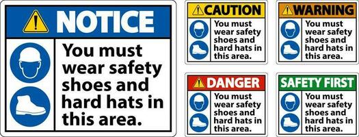 Warnung Zeichen, Sie Muss tragen Sicherheit Schuhe und schwer Hüte im diese Bereich vektor