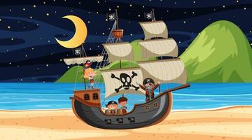 Strand mit Piratenschiff bei Nacht Szene im Cartoon-Stil vektor