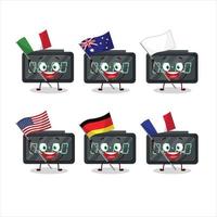 Digital Alarm Uhr Karikatur Charakter bringen das Flaggen von verschiedene Länder vektor