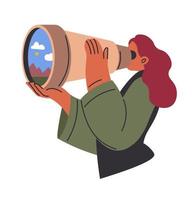 kvinna ser genom teleskop i distans vektor