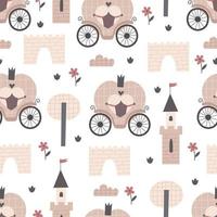 nahtlos Muster mit Karikatur Coach, Schloss, dekorativ Elemente. eben Stil bunt Vektor Illustration zum Kinder. Hand Zeichnung. Baby Design zum Stoff, Textil, drucken, Verpackung.