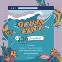 Ozean oder Marine Design Vorlage zum Sozial Medien mit Fisch Koralle und Meer Tiere Illustration vektor