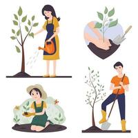 Vektor gesetzt auf das Thema Gartenarbeit und Landwirtschaft. das Konzept der Freiwilligenarbeit. Eine Frau gießt einen Baum, ein Mann pflanzt einen Baum, ein Mädchen pflanzt eine Blume. die Hände, die den Spross halten.
