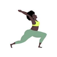 Lycklig svart hud av överdimensionerad kvinnor i yoga placera -stretching. sport och kropp hälsa positiv begrepp kärlek kropp. attraktiv kvinna av stor storlekar ett aktiva friska livsstil vektor