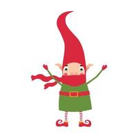 en jul älva i en röd hatt ler och vågor hans händer. förtjusande ny år barns illustration vektor